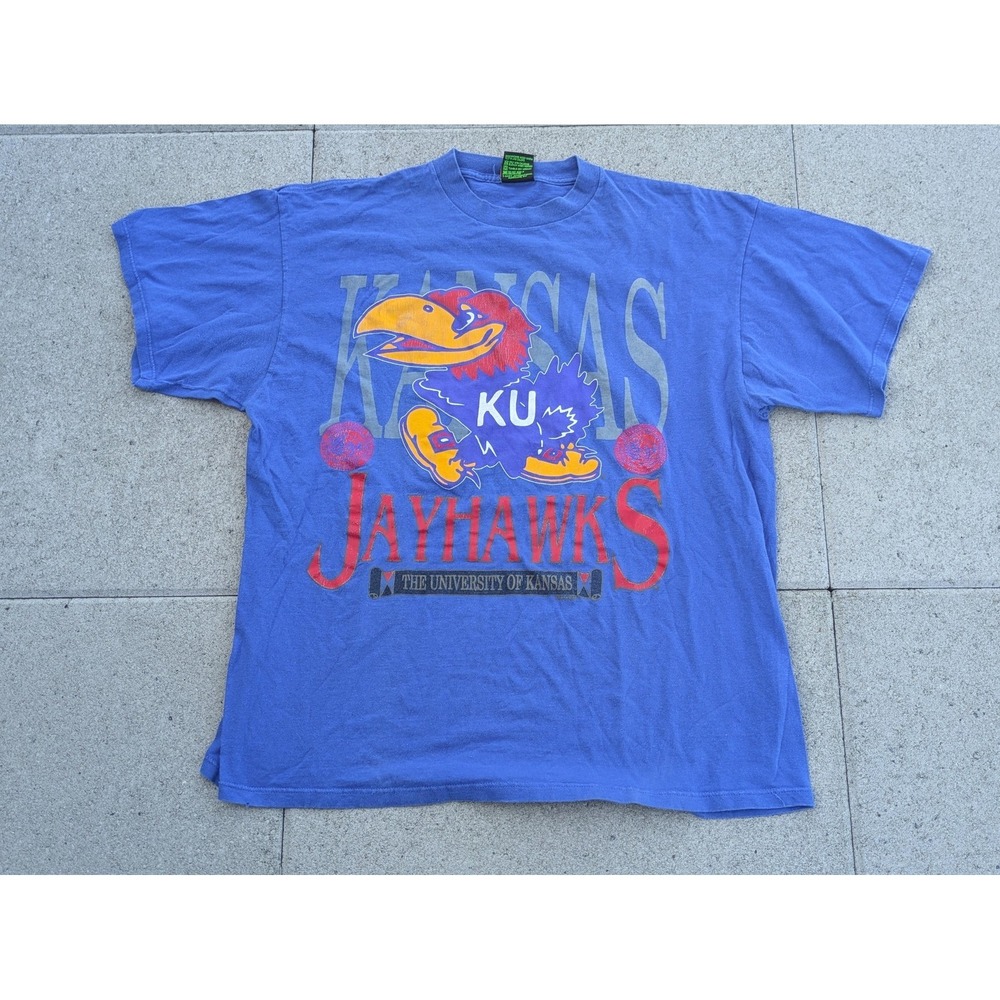 Vintage Kansas Jayhawks Shirt Mens 2XL Blue NCAA Basketball TSI Graphic Tee 90s